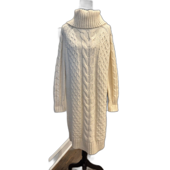 NWOT Banana Republic Cable Knit Turtleneck Sweater Dress Cream Classic Wool - Picture 2 of 11